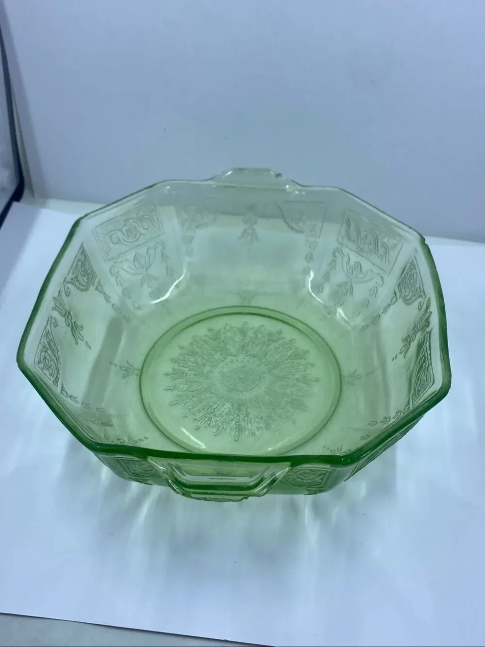 Uranium Anchor Hocking Princess Green Octagonal Depression Cereal Bowl 8” vtge